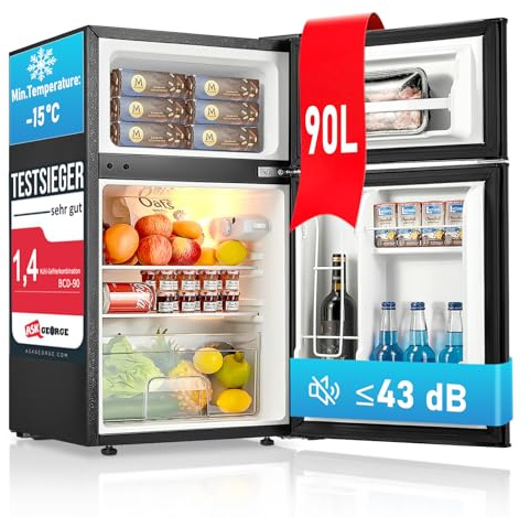 FOHERE 90L Kühlschrank mit Gefrierfach Klein, 26 Liter Gefrierfach 64 Liter Kühlschrank für Schlafzimmer, 7-Stufen Thermostat, Energieeffizien, 43 dB, mit 2 Wechselbare Tür, für Wohnheime, Wohnungen