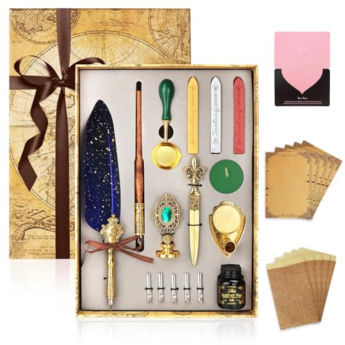 JOTOL Set Inchiostro Penna Piuma,Penna a Immersione,Penna Calligrafica con Penna D'oca e Pennas di Legno,5 Pennini Ricambio,Portapenne,Timbro Sigillo,Inchiostro,Set di Scrittura per Idee Regalo