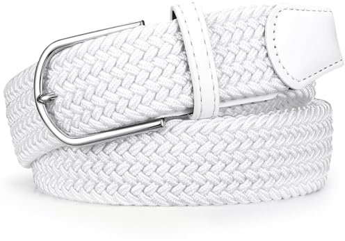 VONMELLI Mens Belt Braided Stretch Belts for Men Elastic Woven Golf Belt for Casual Pants Jeans Shorts White with Silver Buckle L