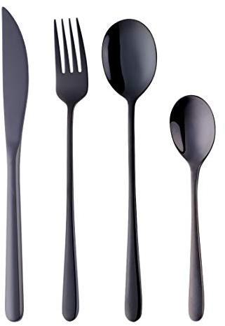 4-Pieces Black Camping Cutlery Set (Steak Knife, Table Fork, Long Spoon and Teaspoon) 304 Stainless Steel 18/10, Use for Home, Restaurant, Travel