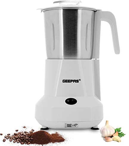 Geepas Food Processor - 450W Electric Wet & Dry Grinder, Stainless Steel Jar & Blades for Coffee Beans Herbs Spices Salsa Curry Pastes Chutney Batter Grinding - Detachable Bowl, 300ML Capacity, White