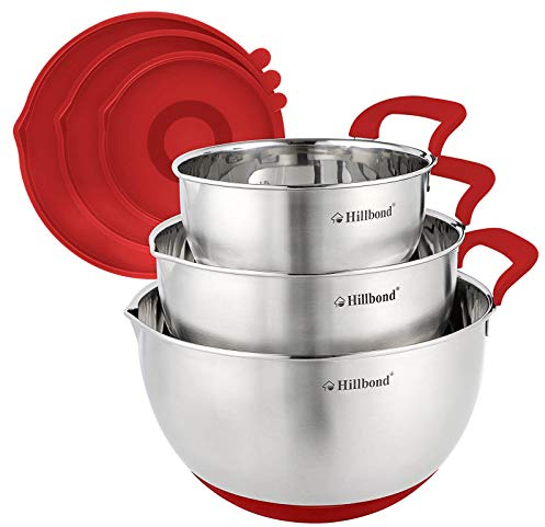 Hillbond Mixing Bowls with BPA Free Airtight Lids Nesting Bowls with Pour Spout, Silicone Handle and Non-Slip Bottoms for Baking, Stainless Steel Mixing Bowls Dishwasher Safe, 1.5, 3, 5 QT (Red)