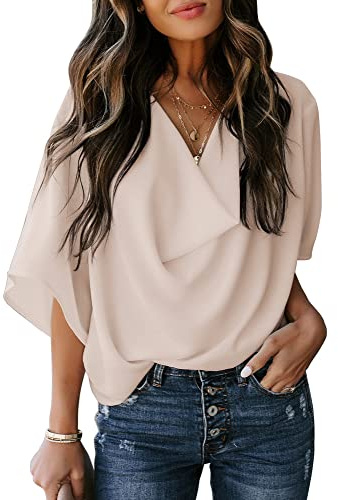 Dokotoo Wrap Draped Spring Summer V-Neck Chiffon Shirt, Casual Cute Business Blouse, Apricot, Small
