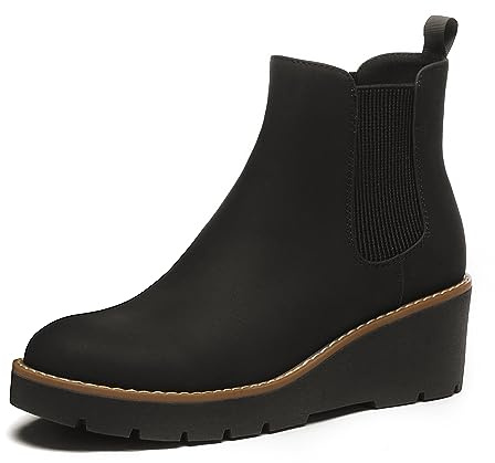 Athlefit Chelsea - Botas de cuña para mujer, plataforma elástica, suela de lengüeta, botines de cuña, Negro -, 38.5 EU