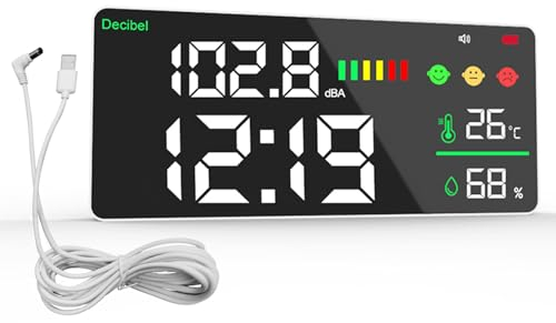 Medidor de Nivel de Sonido de Pared de 30 a 130 dB con Alarma, Medidor de Nivel de Sonido 11 LED Decibelios/Temperatura/Humedad/Tiempo, Decibelímetros Medidor de Ruido Recargable y Cable USB