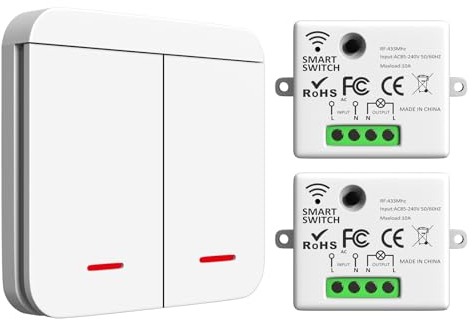 ARCELI Kit Interruptor Inalámbrico 433Mhz, 2200W/10A Con 1 Interruptor RF y 2 Receptores, Iluminación Interior 30-50M