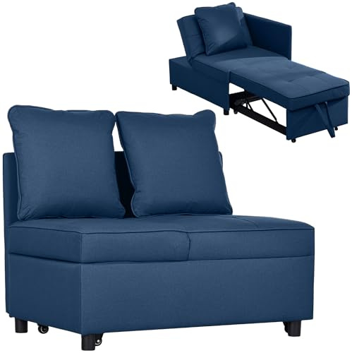 HOMCOM Convertible Single Sofa Bed with Thick Padded Seat, 3-in-1 Multi-Functional Sleeper Chair Bed with Magazine Pocket, for Living Room, Blue