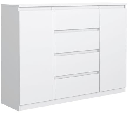 MebLocker Kommode mit 4 Schubladen 2 Schranktüren 140 cm Ideal für Wohnzimmer, Schlafzimmer, Kinderzimmer und Büro Moderne Elegante Lösung für stilvolle Aufbewahrung (Weiß)
