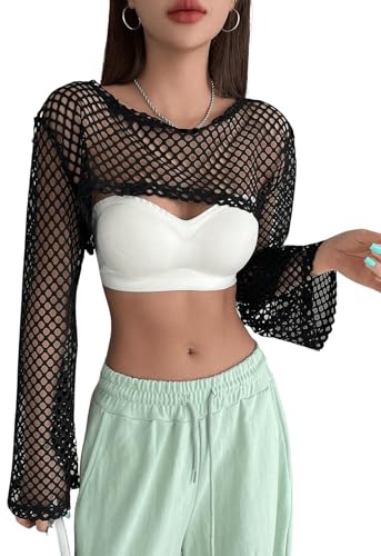 GORGLITTER Super Crop Top damer transparent fisknät topp cropshirt crochet för cover up festival outfit toppar, svart, XS