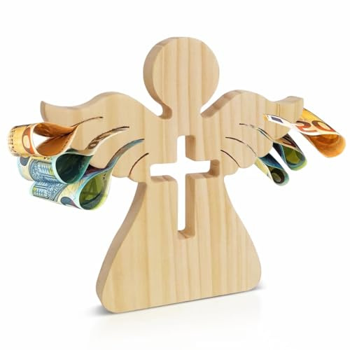 Figura de Ángel de Madera Decoración de Ángel de Madera Regalo de Bautizo para Niñas y Niños Ángel de Madera con Grabado Soporte de Madera para Dinero para Bautizo, Comunión, Confirmación, Boda