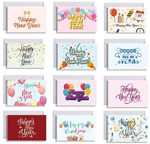 Dusenly 12 Pack 2026 Happy New Year Cards Colorful New Years Greeting Card with Envelopes and Stickers for 2026 New Year Gift Supplies