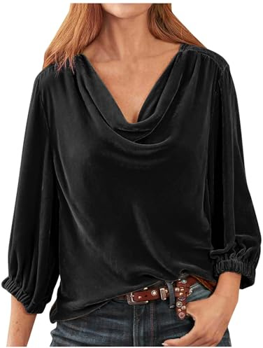 Haut en velours pour femmes UK Manches longues 3/4 Manches uni Chemise Col bénitier Drapé froncé devant Manches longues Chemisiers Haut plissé Pull ample Travail Bureau Quotidien Hauts Chemise, A03