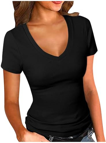 Camiseta Mujer Manga Corta Moda Casual Color sólido Camisa Slim Fit Cuello en V Tops Blusa Fiesta Tshirt Sexy Verano Cómodo Basic tee 2025