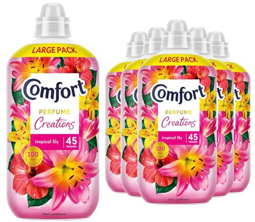 Comfort Tropical Lily Fabric Conditioner 45 Washes 1.35L Perfume Creations Fabric Softener, Lasting Freshness and Softness with Motion-Activated Technology for 100 Days, 6 Pack