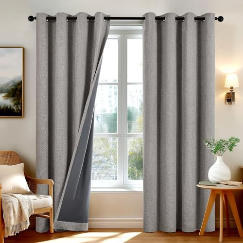 Deconovo Cortinas Opacas para Salón y Dormitorio 100% Opacas, Cortinas Térmicas Aislantes Frío y Calor, Textura Lino con Ojales, Marrón, 140x180 cm, 2 Piezas