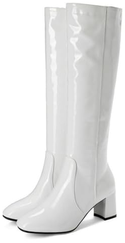 Stivali da Donna a Gamba Alta in Pelle Verniciata Taglia Grande con Tacco Grosso, Design Sexy per Scene e uscite in Nightclub,Bianca,45 EU