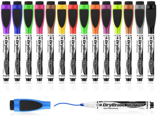 Autoau 15 Pcs Magnetic Whiteboard Pens, 15 Colour Whiteboard Markers, Fine Tip White Board Pens, White Board Markers Erasable, Low Odor Dry Wipe Pens for Whiteboard Home School Office Uses