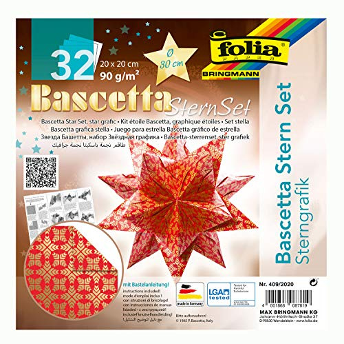 folia 409/2020 – pysselset, Bascetta stjärna, stjärngrafik, röd/guld, 32 ark, 20 x 20 cm, färdig storlek på pappersstjärna ca 30 cm, med detaljerade instruktioner – perfekt för tidlös dekoration