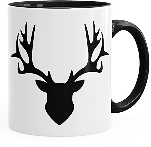 Autiga Tasse Hirsch Geweih Kaffeetasse Teetasse Keramiktasse mit Innenfarbe schwarz Unisize