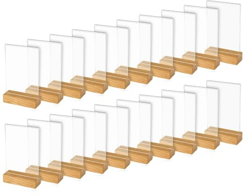 HMF Akrylbordsstativ i DIN A6 stående format, bordskortshållare med massivt träbas av ek, 20 stycken, T-stativ, glasklar