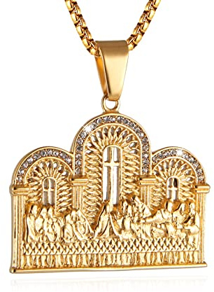 AsAlways Stainless Steel Gold Plated Lord's Supper Cubic Zirconia Last Supper Jesus with His Disciples Pendant Necklace for Men Hip Hop Jewelry