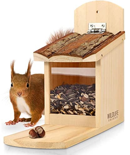 WILDLIFE FRIEND I Eichhörnchen Futterhaus stabil aus Massivholz mit Rindendach - Wetterfest, Futterstation zum Eichhörnchen füttern, Eichhörnchenfutterhaus - utterstation für eichhörnche
