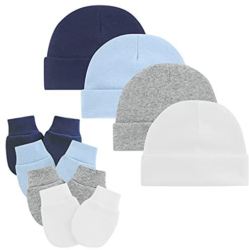 Durio Neugeborenes Babymütze und Handschuhe Set Knoten Beanie Hut Kratzfäustlinge Baby Jungen Mädchen 0-6 Monate 4er Set Weiß Hellblau Grau und Navy