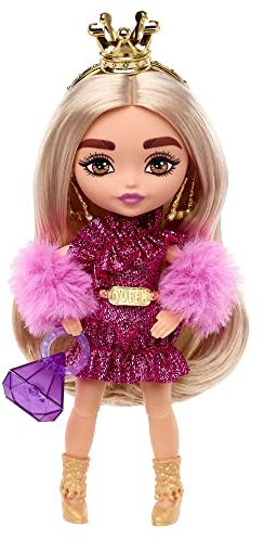 Barbie Extra Minis, blondem Pferdeschwanz, Goldener Krone, Ohrringen und Königinnengürtel, lila Diamanttasche, rosa Paillettenkleid, inkl. Barbiepuppe, Geschenk für Kinder ab 3 Jahren,HJK67