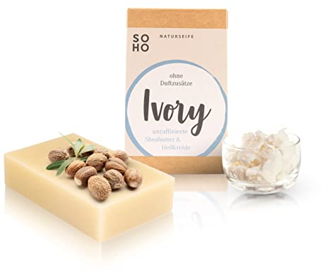 SOHO Naturkosmetik Gesichtsseife Ivory für empfindliche Haut • Vegane Feste Gesichtsreinigung mit Sheabutter & Heilkreide • Feste Seife