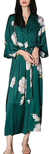 MEDUOLA Accappatoio Donna Estivo Kimono Raso Stampato Seta Camicia da Notte Lunga Elegante Taglia Unica,Fiore Verde Scuro