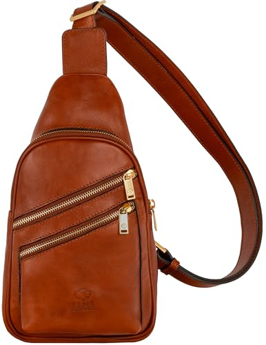 Time Resistance Bolso Bandolera de Cuero para Hombre y Mujer - Tipo Mensajero con Cuero de Vachetta, Hecho a Mano en Italia - Ideal para Llevar Todo lo que Necesitas, Color Coñac