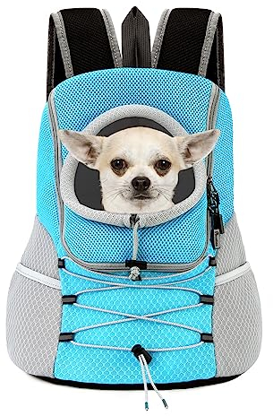 Pawaboo Pet Dog Carrier Rucksack, Puppy Dog Travel Carrier Front Pack for Small Medium Dogs Cats, Adjustable Breathable Dogs Carrying Backpack with Safety Strips for Hiking Travel Outdoor, Blue S