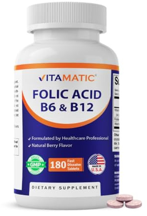 Vitamatic Folic Acid, Vitamin B12 & B6 – 180 Fast Dissolve Tablets Heart Health, Energy Production & Red Blood Cell Support