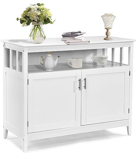 KOMFOTTEU Aparador de Cocina, Armario de Almacenamiento con Estante Ajustable y 2 Puertas, Mueble Auxiliar con Patas de Madera de Pino, Armario Bajo para Comedor Salón, 114 x 51x 91cm