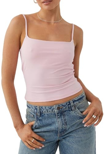 Camisole à col carré sans manches avec bretelles spaghetti pour femme - Haut court basique Y2k sexy - Débardeur d'été pour sortir, rose, L