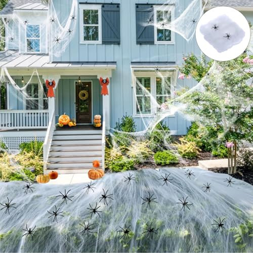 Halloween Deko Spinnennetz,Halloween Spinnennetz Dekoration,300g Dehnbare Spinnennetz Halloween Dekoration mit 60 künstlichen Spinnen Für Innen,Außen,Häuser,Garten,Spukhaus & Party Zubehör