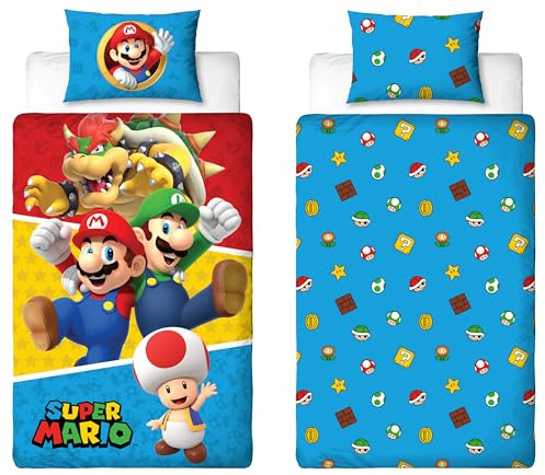 Nintendo Super Mario Official Single Duvet Cover Set, Splitter Design | Reversible 2 Sided Bedding Cover Official Merchandise Including Matching Pillow Case | Single Bed Set | Polycotton