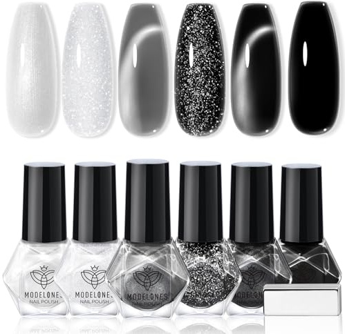 modelones Nagellack Set, 6 Farben Nagellack Schnelltrocknend Schwarz Silber Glitter Nail Polish Set, Langanhaltender Gel Polish Set für DIY Salon Geschenk Maniküre