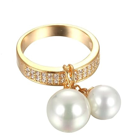 IMINI Double Pearl Dangle Ring for Women Girls - Adjustable Cubic Zirconia Stackable Jewellery, Gold-Plated Wedding Band & Promise Ring (US7=O)
