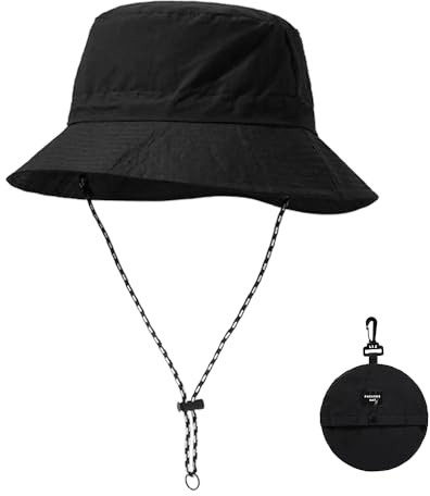 Brewlix Waterproof Bucket Hat for Women Men, Foldable Bucket Hat with String Sun Uv Protection, Quick-Drying Fisherman Hats for Holidays, Fishing, Hiking Black