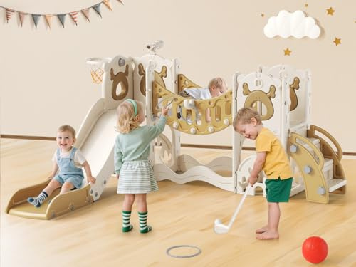 Toddler Climber Kids Slide Play Set, Kids Activity Play Toy with Basketball Hoop, Storage Box and Toddler Climber, Freestanding Slider Garden Playground for Toddlers (7-in-1 Vitality (Khaki))