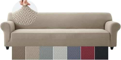 Moonlight Bedding High Stretch Sofa Cover 4 Seater – Spandex Elastic Fit Sofa Slipcovers, Soft Washable Furniture Protector for Pets/Kids/Dogs, Non Slip Couch Covers Beige (Fits 92–118)