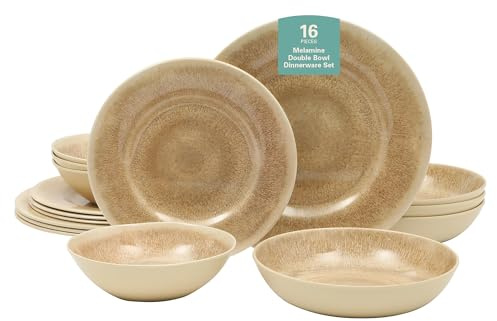 Gibson Home Casper Court - Juego de vajilla de melamina de 16 piezas, color beige, con aspecto de esmalte reactivo, vajilla para 4, apta para lavavajillas, servicio diario