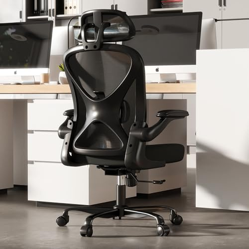 ZZH Silla de Oficina Ergonómica Soporte Lumbar Ajustable y Reposacabezas, Silla de Escritorio con Malla, Reposabrazos Abatibles, Ruedas de 360° y Ajuste de Altura, Negro