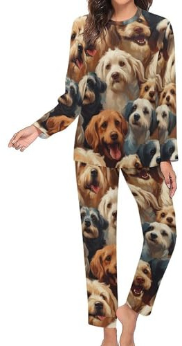 TZTTZT Set pigiama da donna con stampa di cani carini, set pigiama a maniche lunghe set da donna 2 pezzi pigiama lounge set, multicolore, L