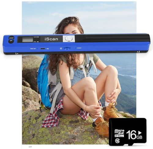AOZBZ Tragbarer Dokumentenscanner Blau 900 DPI Handlicher USB-Bildscanner A4 Farbfoto Mobiler Scanner Praktischer Scanner (JPG/PDF-Format, Hochgeschwindigkeits-USB 2.0, Scanner + 16GTF-Karte)