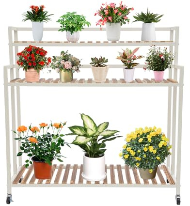 Wiyuer Estantería para plantas de tres niveles, soporte para flores portátil con 4 ruedas y 120 kg de capacidad de carga para balcón, jardín, terraza, 100 x 40 x 102 cm, negro