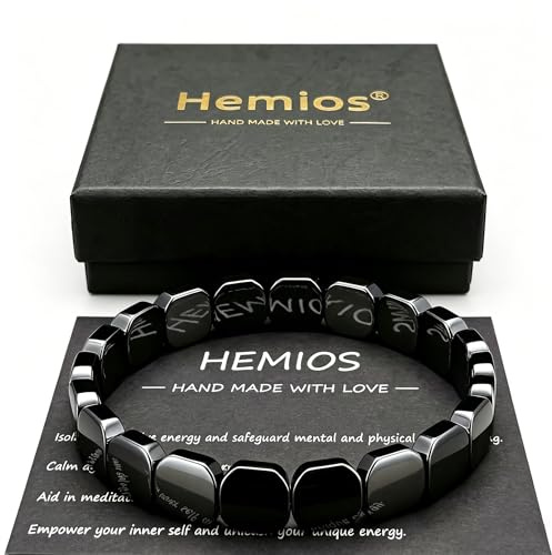Hemios® Hematite Bracelet Men for Daily Focus, Business and Gym Wear, Black Stone Stretch Bracelet for Men, Meaningful Gift for Him