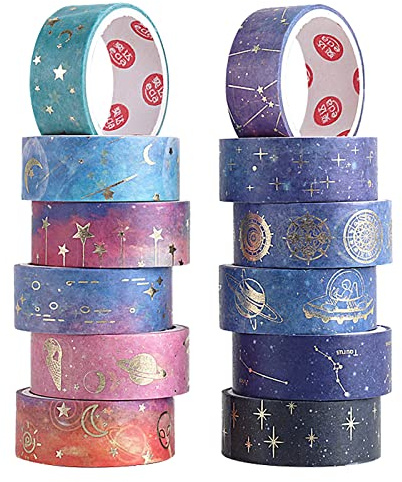 BEHAHAI 12 Rolls Washi Tape Set Galaxy Purple Washi Tape Gold Foil Decorative Washi Masking Tape Pastel Starry Sky Washi Tape Aesthetic for DIY, Bullet Journal, Arts Craft, Gift Wrapping Decoration