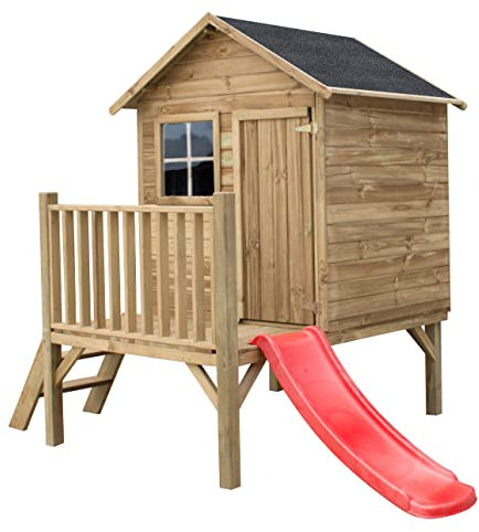 Gartenhaus Kinder mit Rutsche - Spielhaus Kinder Outdoor - Aus Imprägniertem Gehobeltem Kiefernholz - Originell und Einzigartig Gartenspielhaus (Rote Rutsche)